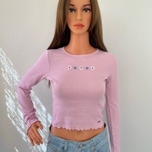 Hollister y2k style Pink Long Sleeve Top with Daisy Embroidery